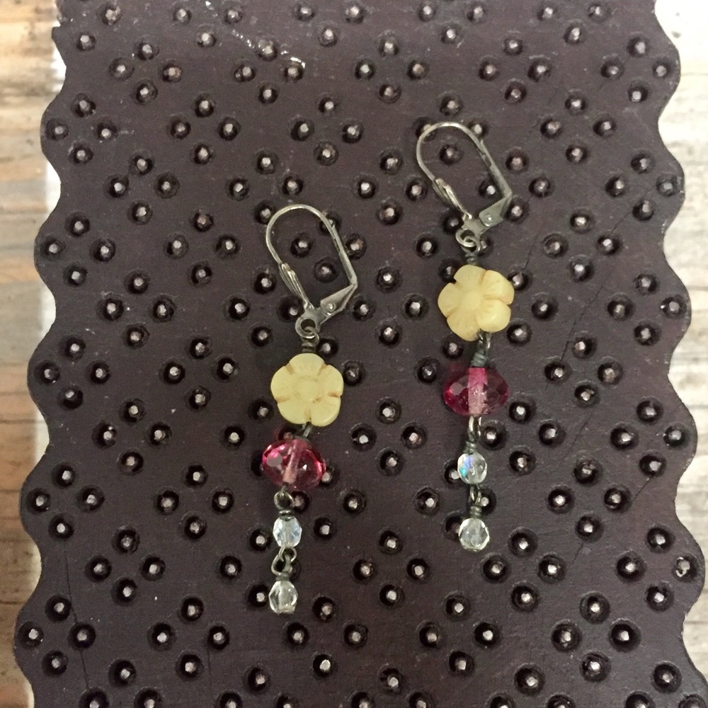 Pink stone, clear crystal, citrine flower earrings